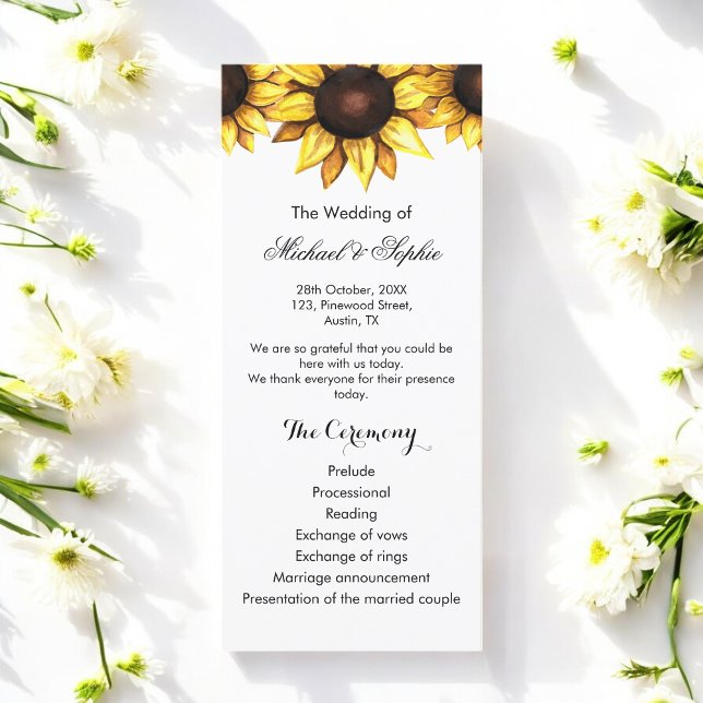 Floral Sunflower Wedding Program Yellow White Card (Creator Uploaded)