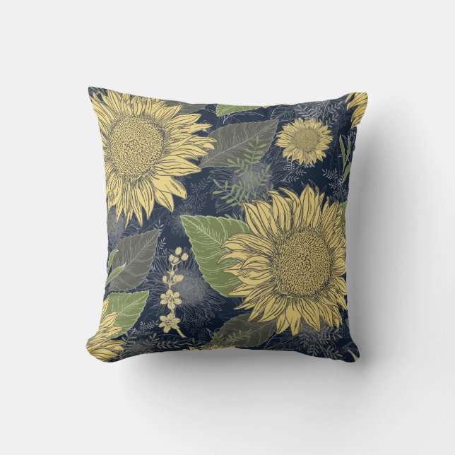 Floral Sunflower Yellow Navy Blue Throw Pillow (Front)