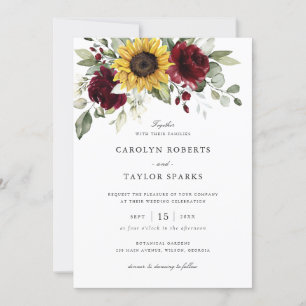 Floral Sunflowers Burgundy Greenery Rustic Wedding Invitation