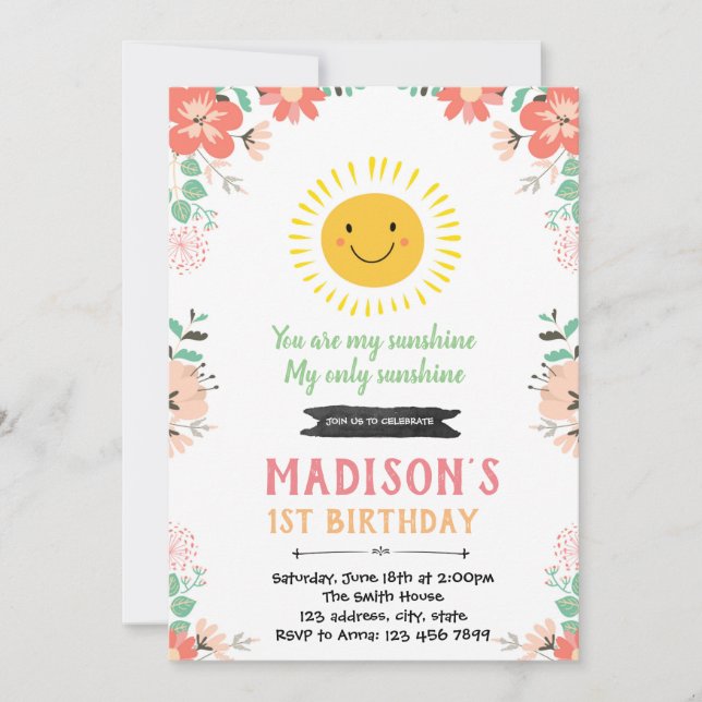 Floral sunshine birthday invitation (Front)
