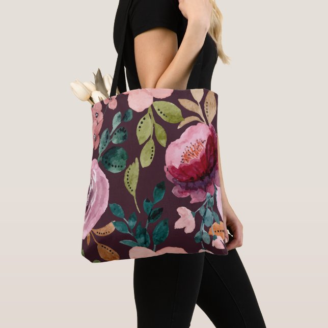 Floral Surface Pattern-Fashion Watercolor Colourfu Tote Bag (Close Up)