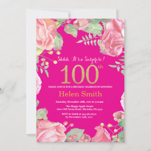 Floral Surprise 100th Birthday Gold and Hot Pink Invitation