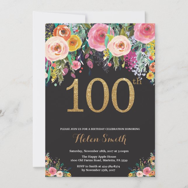 Floral Surprise 100th Birthday Invitation Gold (Front)