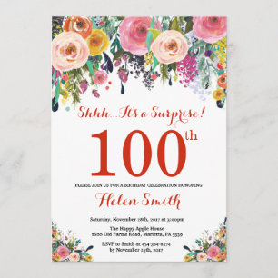 Floral Surprise 100th Birthday Invitation Red