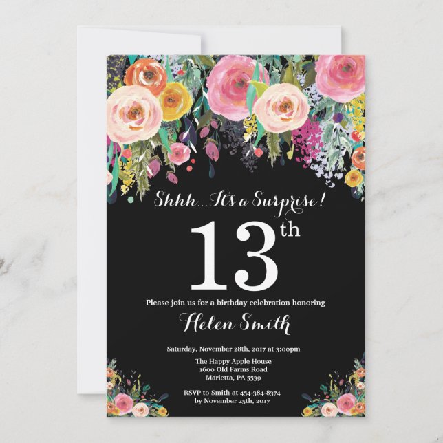 Floral Surprise 13th Birthday Invitation (Front)