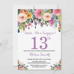 Floral Surprise 13th Birthday Invitation Purple