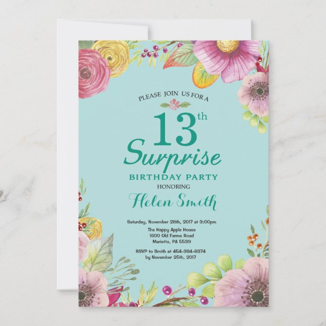 Floral Surprise 13th Birthday Invitation Teal (Front)