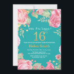 Floral Surprise 16th Birthday Gold and Teal Invitation<br><div class="desc">Floral Surprise 16th Birthday Invitation for Women. Watercolor Botanical Floral Flower. Gold Glitter. Pink Peonies Floral Flowers. Kids Girl Lady Birthday. Teal Aqua Turquoise Background. For further customisation,  please click the "Customise it" button and use our design tool to modify this template.</div>
