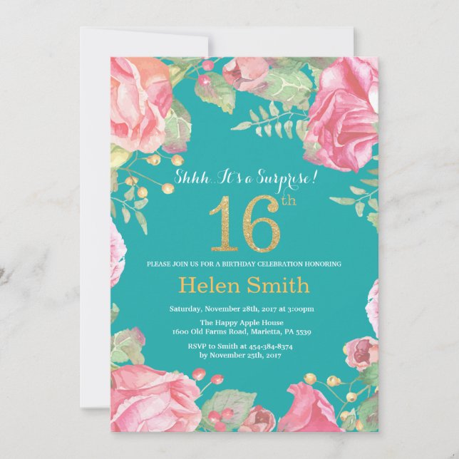 Floral Surprise 16th Birthday Gold and Teal Invitation (Front)