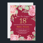 Floral Surprise 18th Birthday Gold Burgundy Red Invitation<br><div class="desc">Floral Surprise 18th Birthday Invitation for Women. Watercolor Botanical Floral Flower. Gold Glitter. Pink Peonies Floral Flowers. Adult Birthday. Burgundy Red Background. For further customisation,  please click the "Customise it" button and use our design tool to modify this template.</div>
