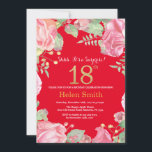 Floral Surprise 18th Birthday Gold Glitter and Red Invitation<br><div class="desc">Floral Surprise 18th Birthday Invitation for Women. Watercolor Botanical Floral Flower. Gold Glitter. Pink Peonies Floral Flowers. Adult Birthday. Red Background. For further customisation,  please click the "Customise it" button and use our design tool to modify this template.</div>