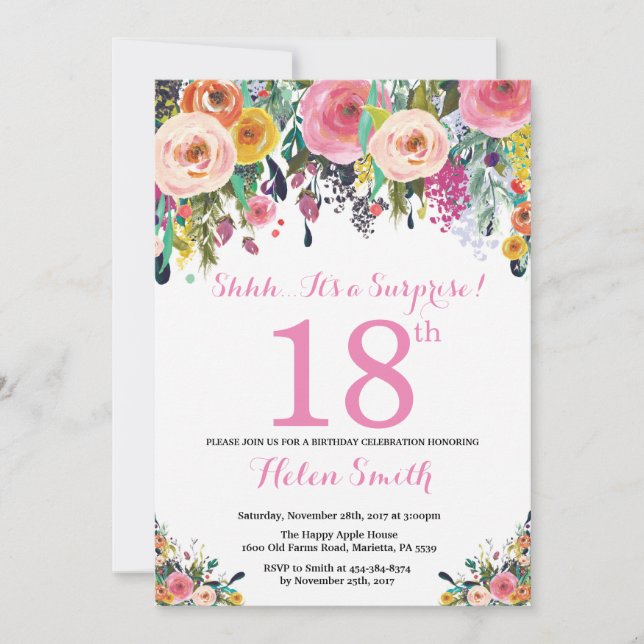 Floral Surprise 18th Birthday Invitation Pink (Front)