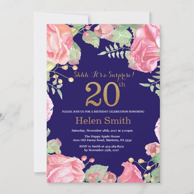 Floral Surprise 20th Birthday Gold Glitter Blue Invitation (Front)