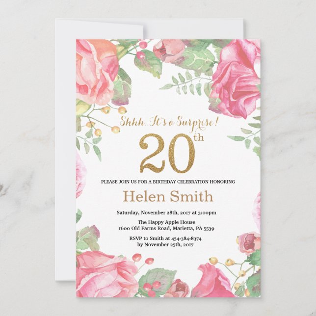 Floral Surprise 20th Birthday Gold Glitter Invitation (Front)