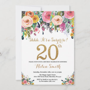 Floral Surprise 20th Birthday Invitation Gold