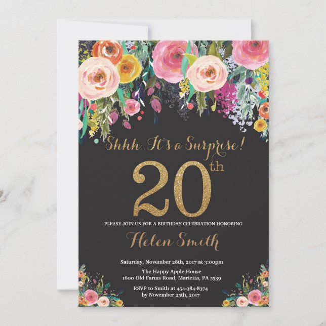 Floral Surprise 20th Birthday Invitation Gold (Front)