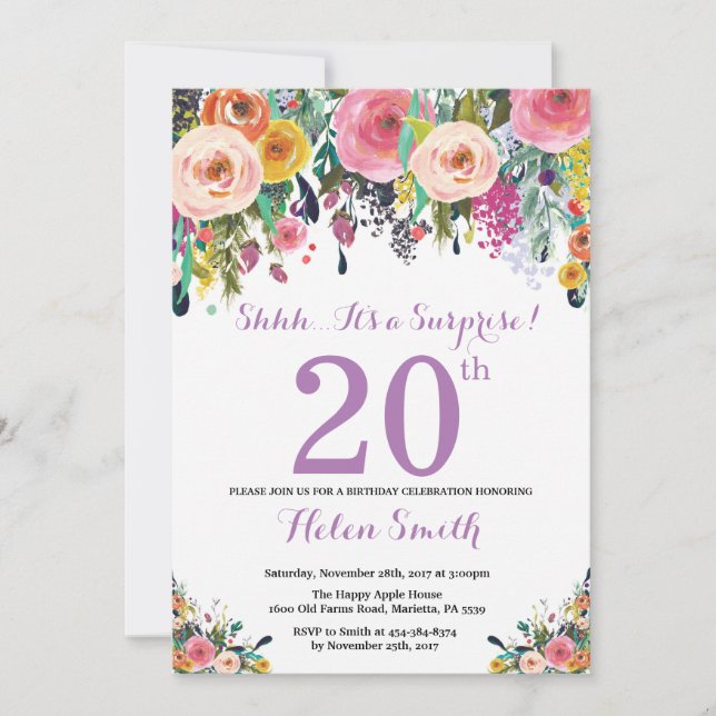 Floral Surprise 20th Birthday Invitation Purple (Front)