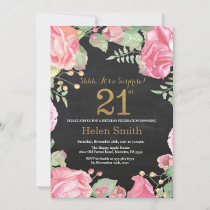 Floral Surprise 21st Birthday Gold Glitter Invitation