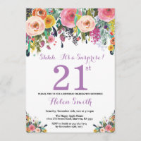 Floral Surprise 21st Birthday Invitation Purple