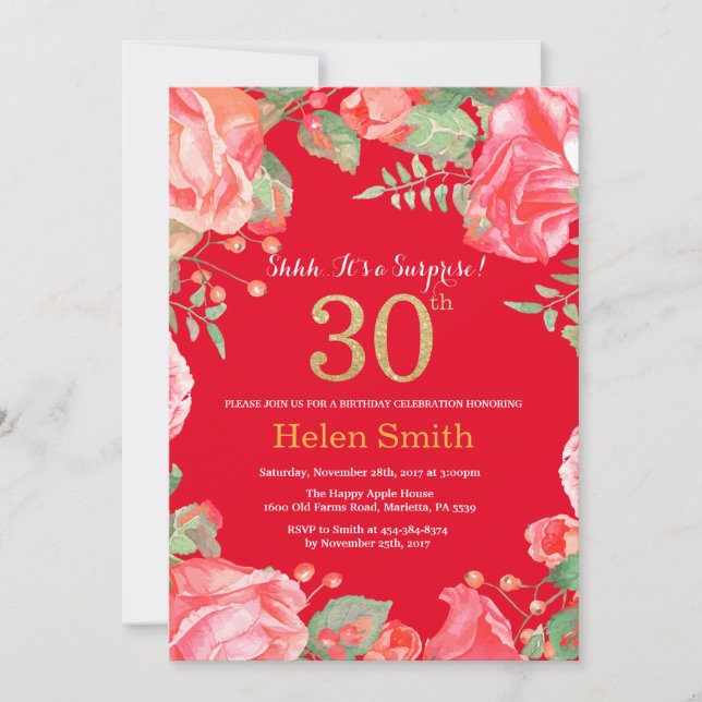 Floral Surprise 30th Birthday Gold Glitter and Red Invitation (Front)