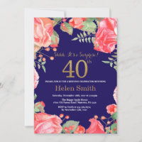 Floral Surprise 40th Birthday Gold Glitter Blue