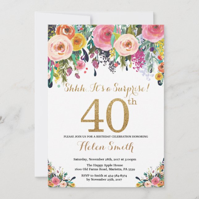 Floral Surprise 40th Birthday Invitation Gold (Front)