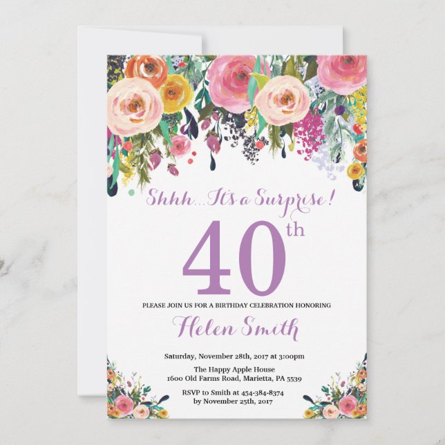 Floral Surprise 40th Birthday Invitation Purple (Front)