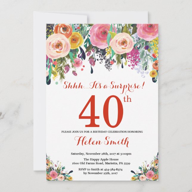 Floral Surprise 40th Birthday Invitation Red (Front)