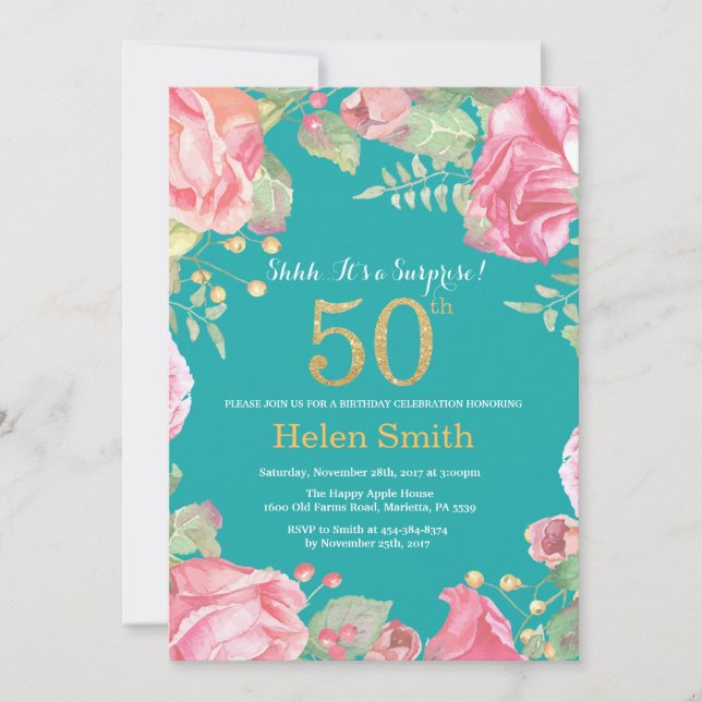 Floral Surprise 50th Birthday Gold and Teal Invitation (Front)