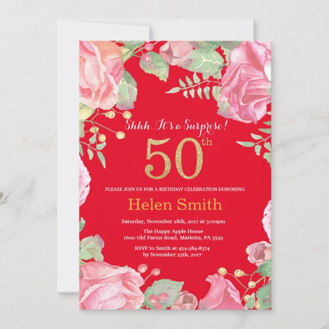 Floral Surprise 50th Birthday Gold Glitter and Red Invitation (Front)