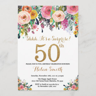 Floral Surprise 50th Birthday Invitation Gold