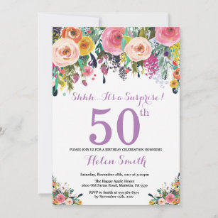 Floral Surprise 50th Birthday Invitation Purple