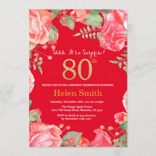 Floral Surprise 80th Birthday Gold Glitter and Red Invitation