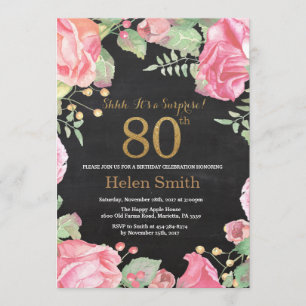 Floral Surprise 80th Birthday Gold Glitter Invitation