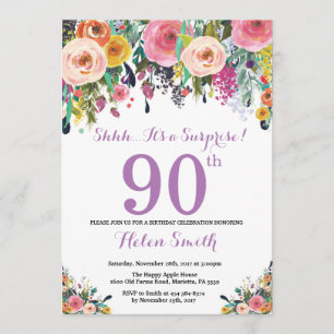 Floral Surprise 90th Birthday Invitation Purple