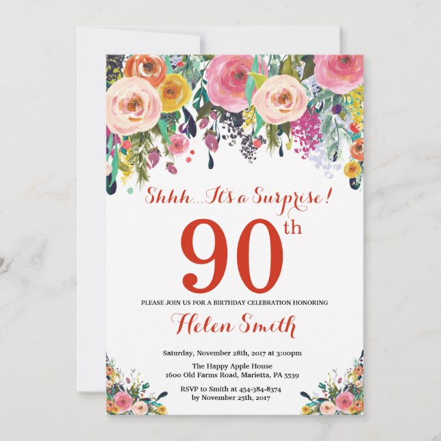 Floral Surprise 90th Birthday Invitation Red (Front)