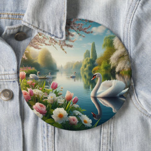 Floral swan lake spring artwork 6 cm round badge