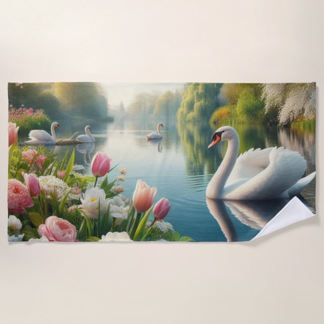 Floral swan lake spring artwork beach towel (Front)