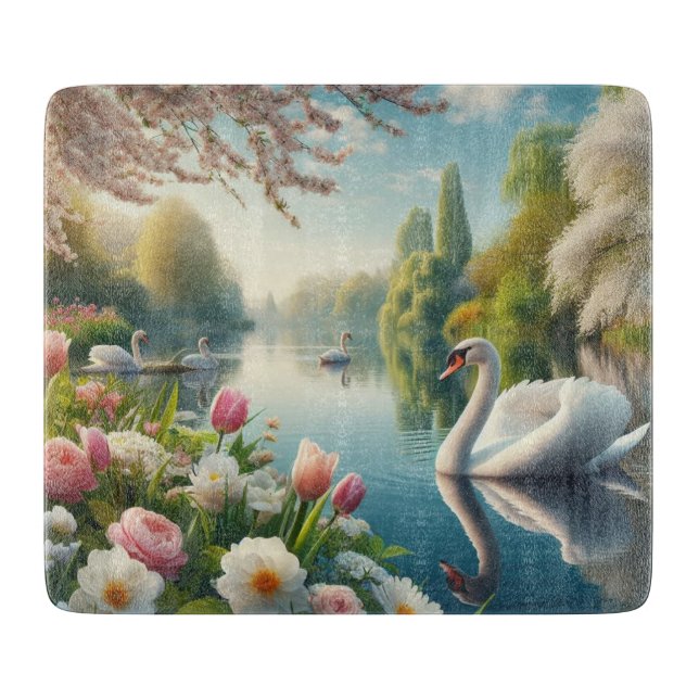 Floral swan lake spring artwork cutting board (Front)