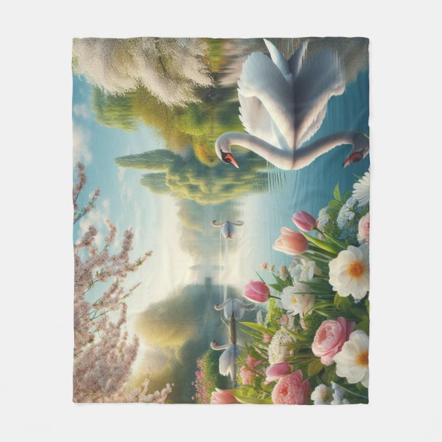 Floral swan lake spring artwork fleece blanket (Front)