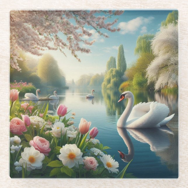 Floral swan lake spring artwork glass coaster (Front)