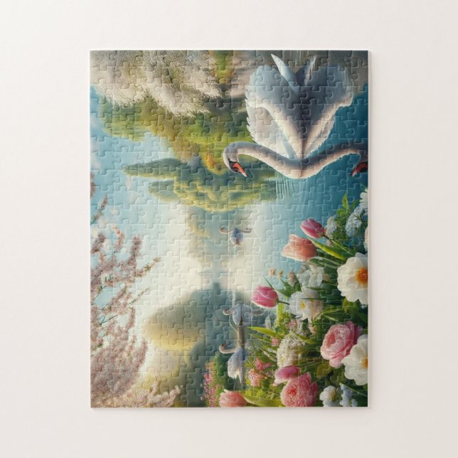 Floral swan lake spring artwork jigsaw puzzle (Vertical)