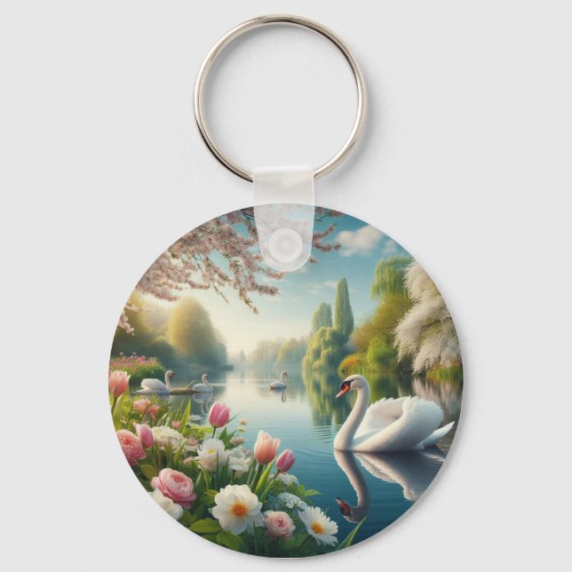 Floral swan lake spring artwork key ring (Front)