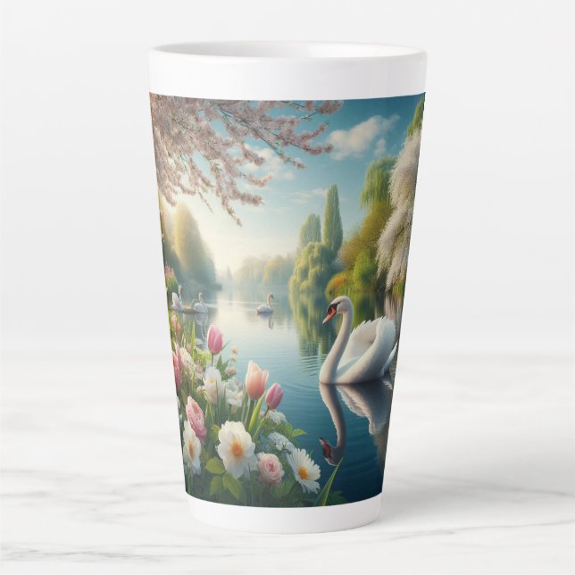 Floral swan lake spring artwork latte mug (Front)