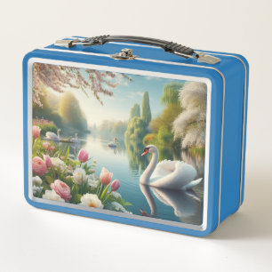 Floral swan lake spring artwork metal lunch box
