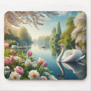Floral swan lake spring artwork mouse pad