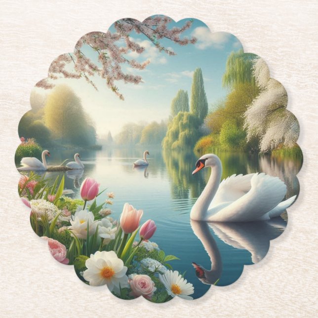 Floral swan lake spring artwork paper coaster (Front)