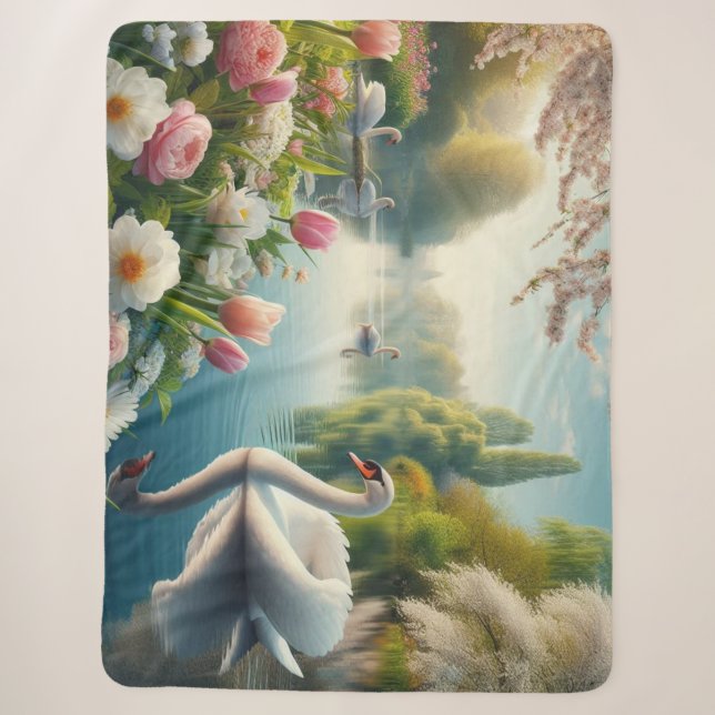 Floral swan lake spring artwork sherpa blanket (Front)