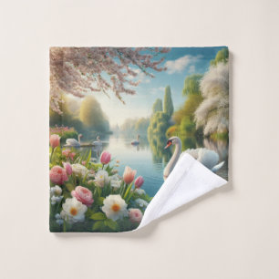 Floral swan lake spring artwork wash cloth