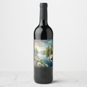 Floral swan lake spring artwork wine label